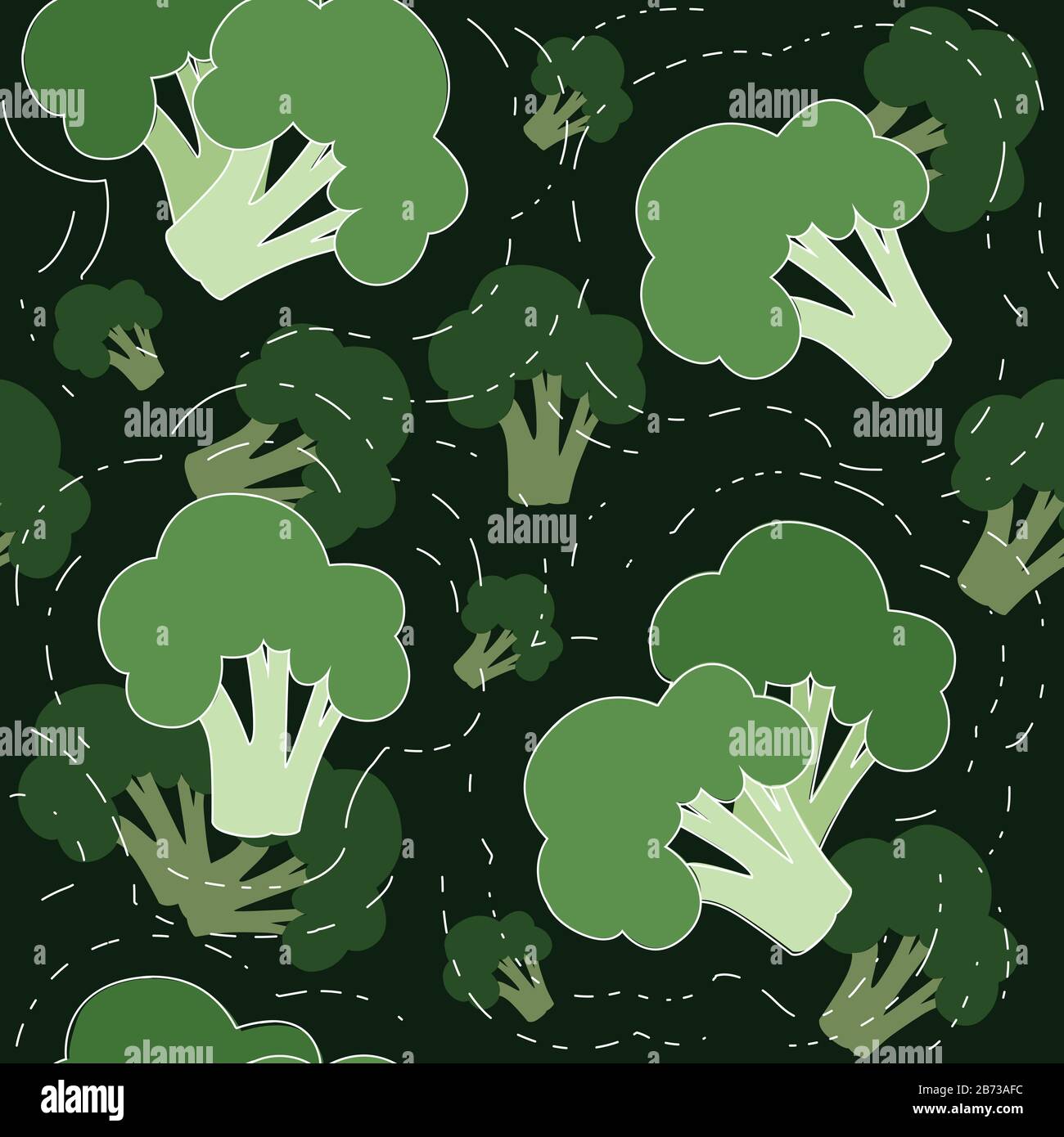 Seamless pattern green broccoli vegetable flat vector illustration on dark background. Stock Vector