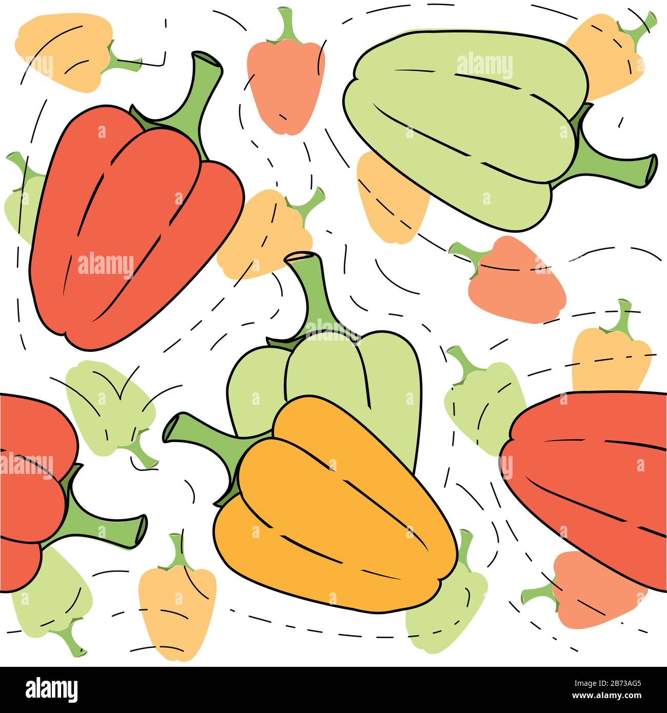 Seamless pattern of colorful bell peppers flat vector illustration on white background. Stock Vector