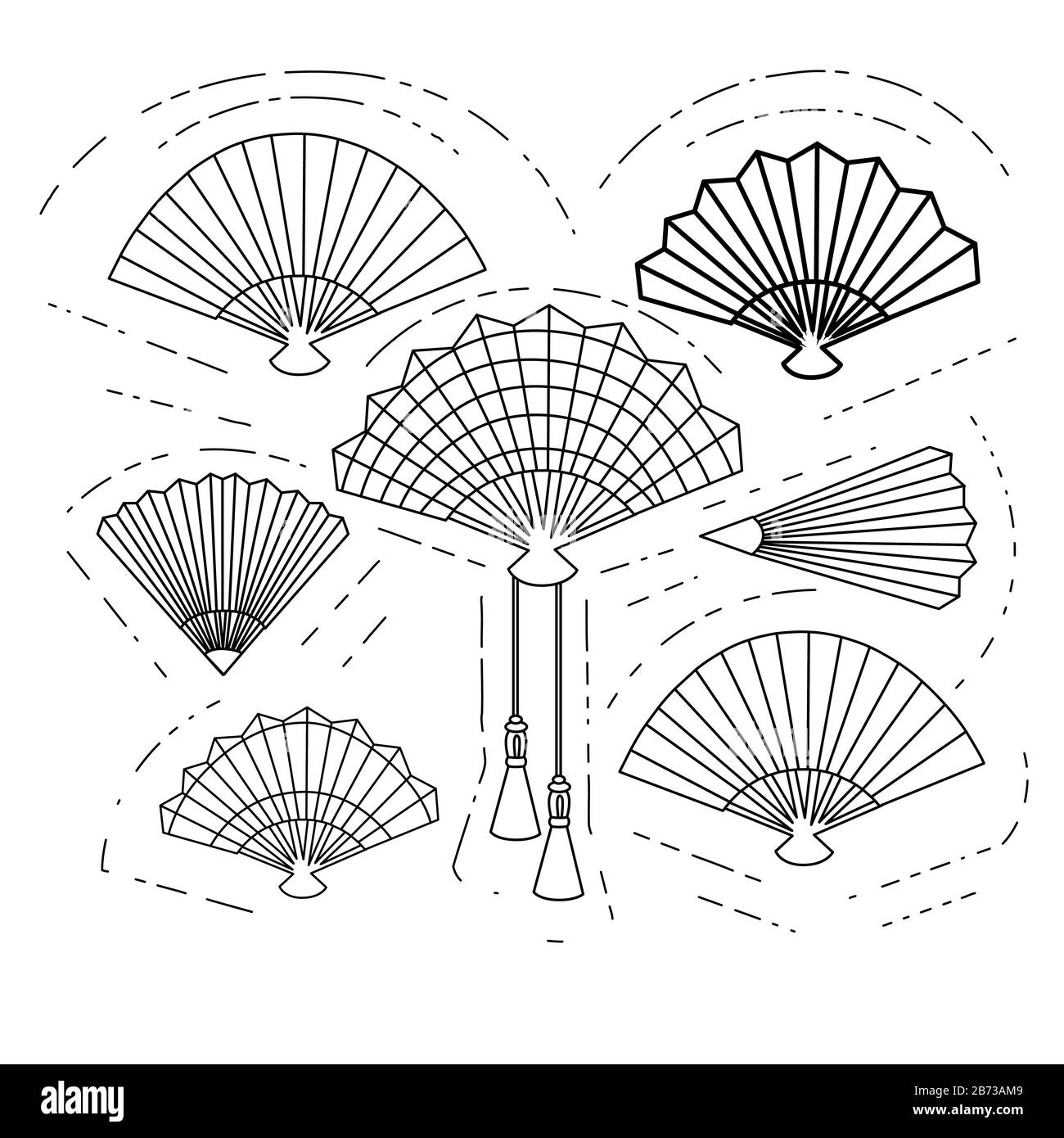 Set of hand fan asian style vintage souvenir outline style icon collection flat vector illustration on white background. Stock Vector