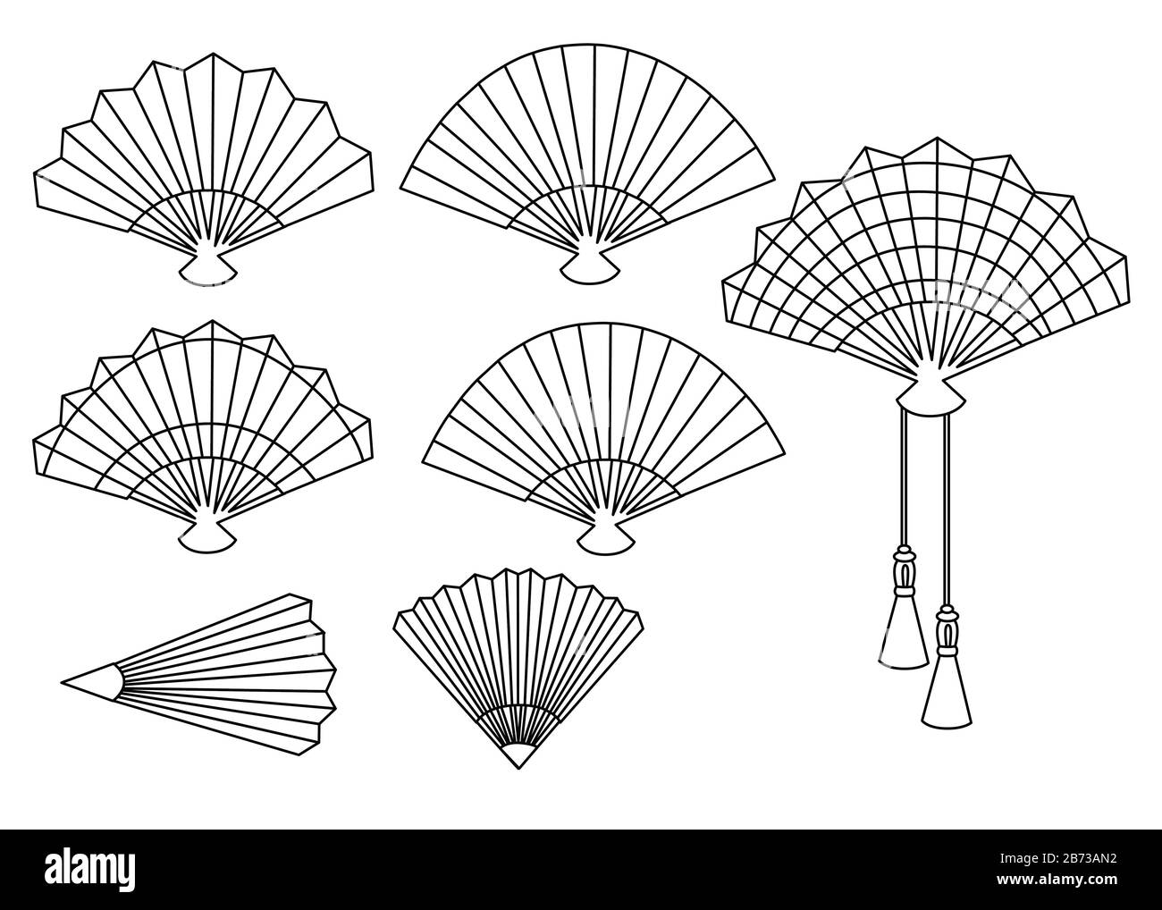 Set of hand fan asian style vintage souvenir outline style icon collection flat vector illustration on white background. Stock Vector