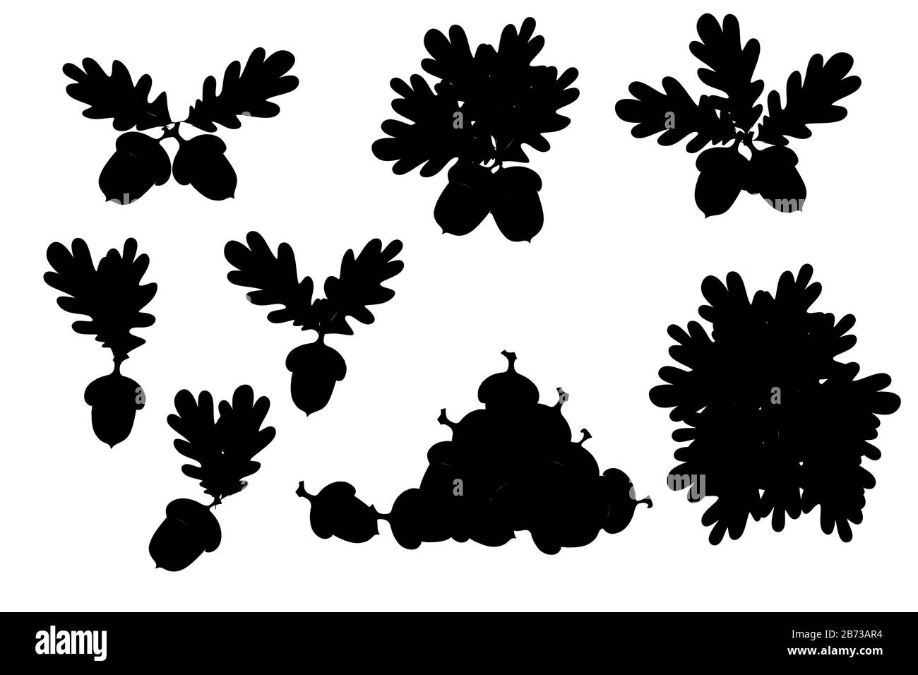 Black silhouette set of oak leaves with acorns flat vector illustration on white background. Stock Vector