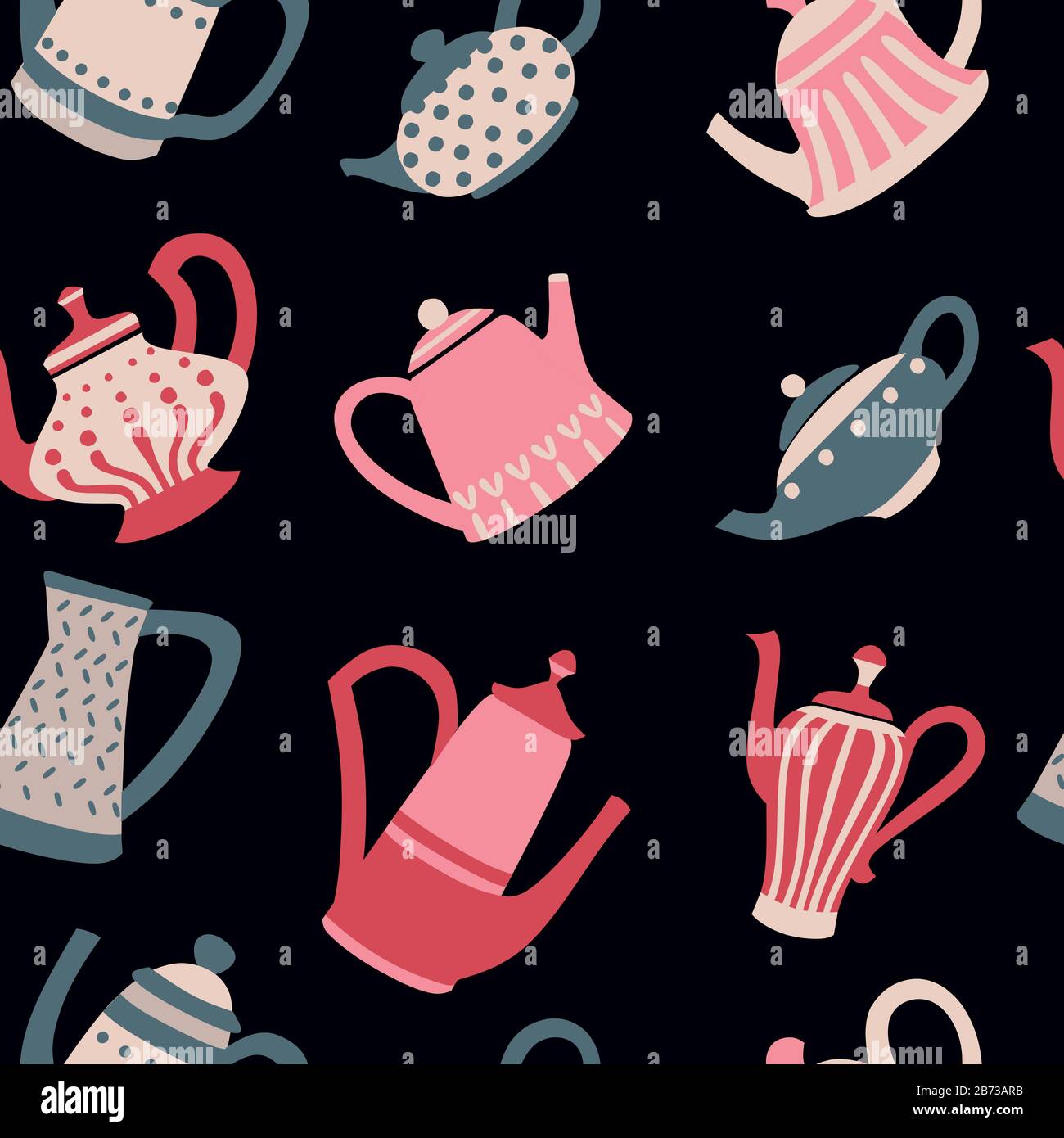Seamless pattern of colored teapots flat vector illustration on dark background. Stock Vector