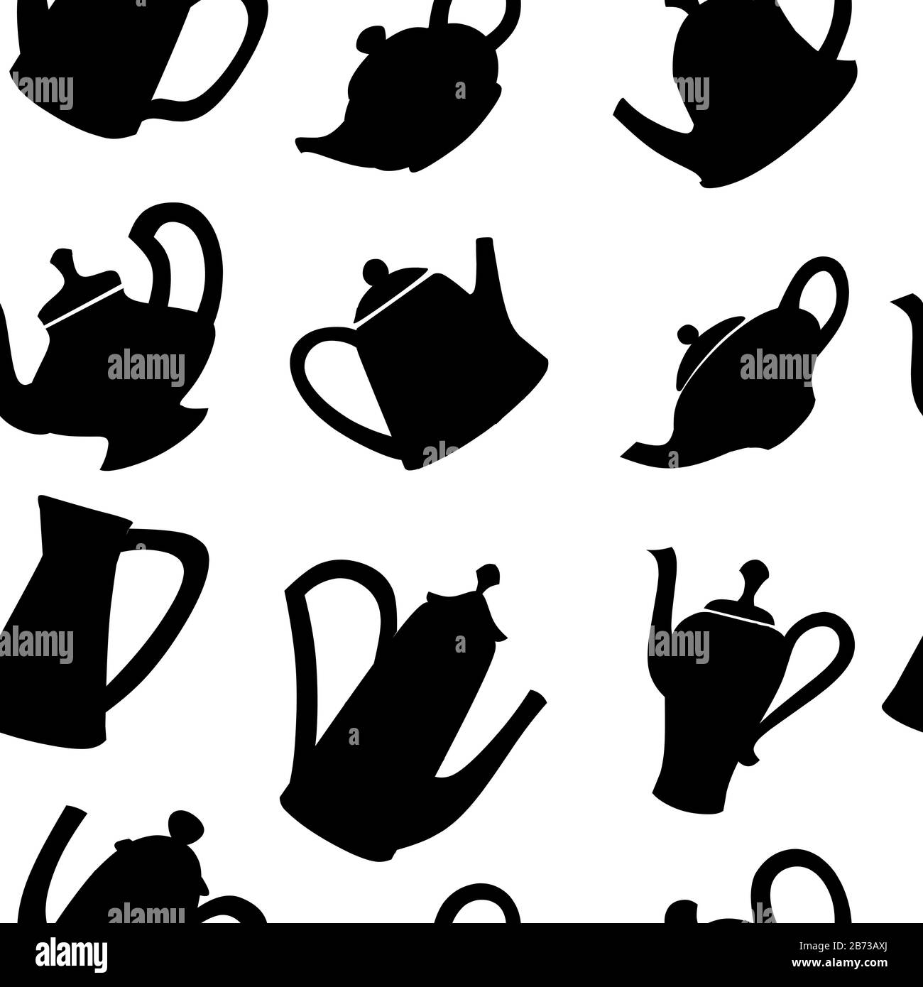 Seamless pattern of black silhouette teapots flat vector illustration on white background. Stock Vector