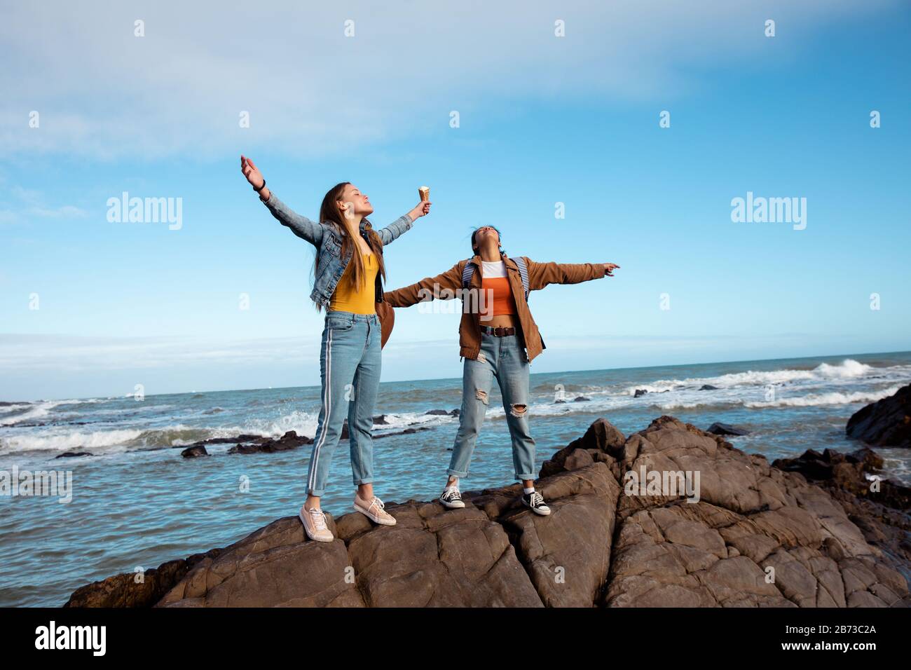 Front view friends enjoying free time together Stock Photo