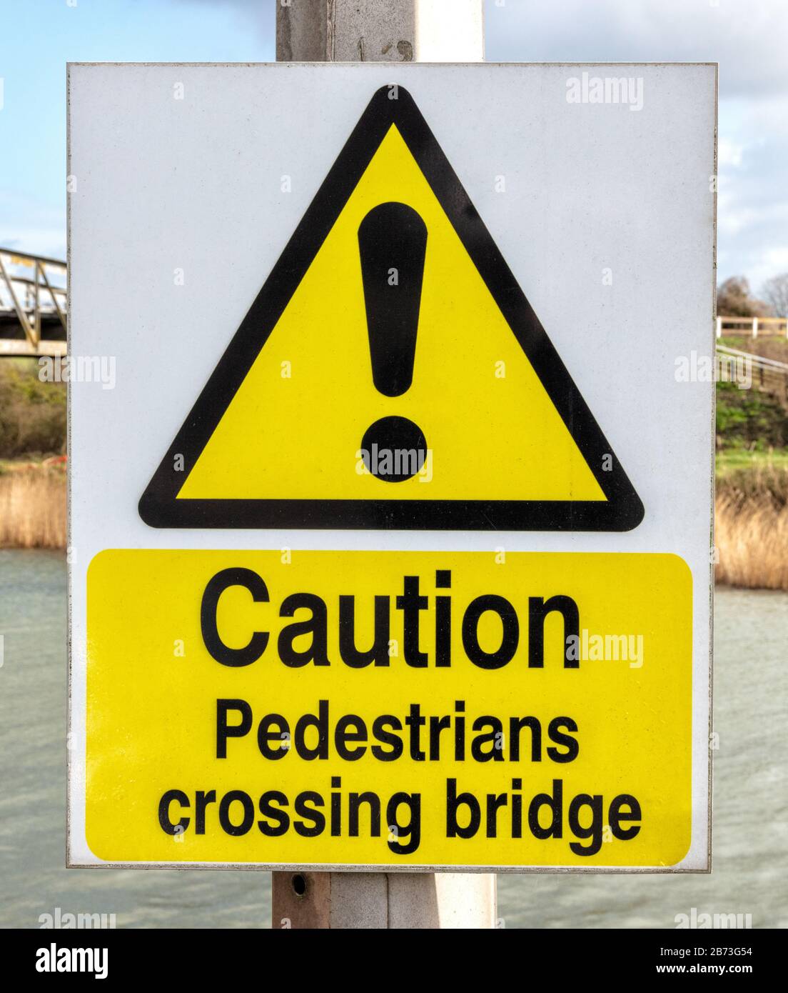 Caution Pedestrians Crossing Bridge, England Stock Photo