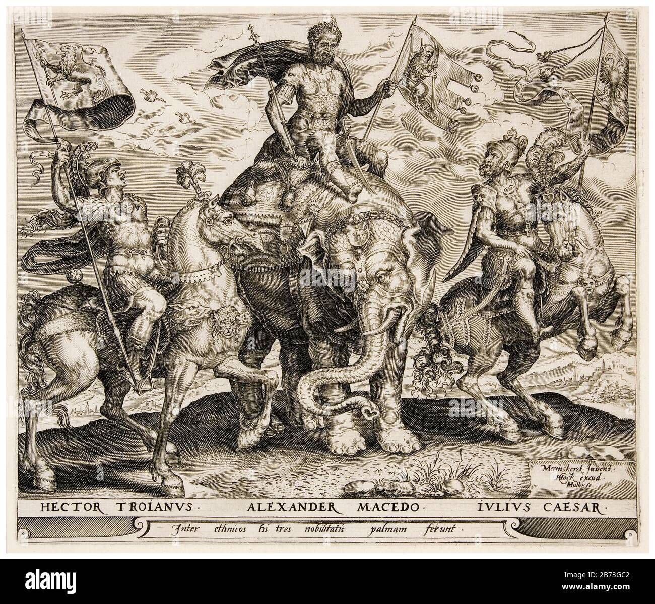 Hector of Troy, Alexander the Great and Julius Caesar from The Nine Worthies, 16th Century engraving by Harmen Jansz. Muller after Maerten van Heemskerck, circa 1567 Stock Photo