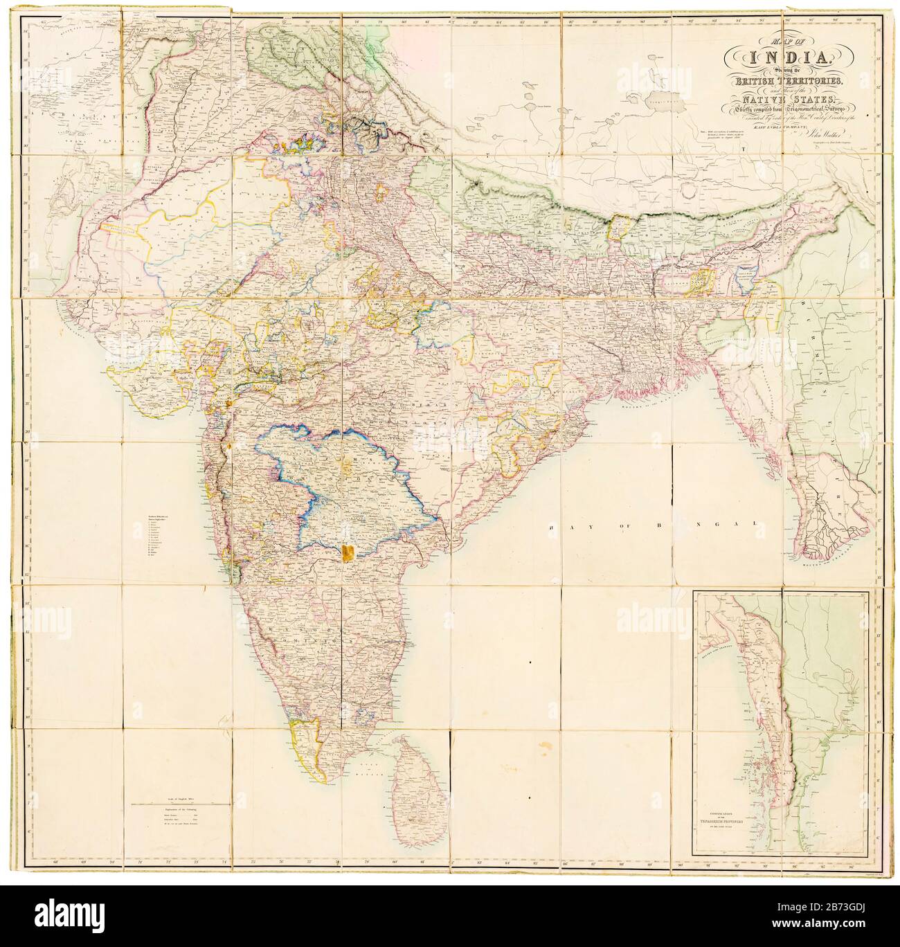 Map of India showing the British Territories and those of the Native States, 19th Century map by John Walker, East India Company, 1856 Stock Photo