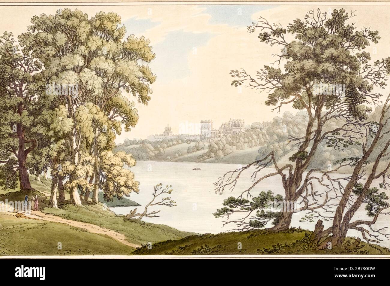 View of Blenheim Palace across the lake, 18th Century illustration by JC Stadler, 1793 Stock Photo