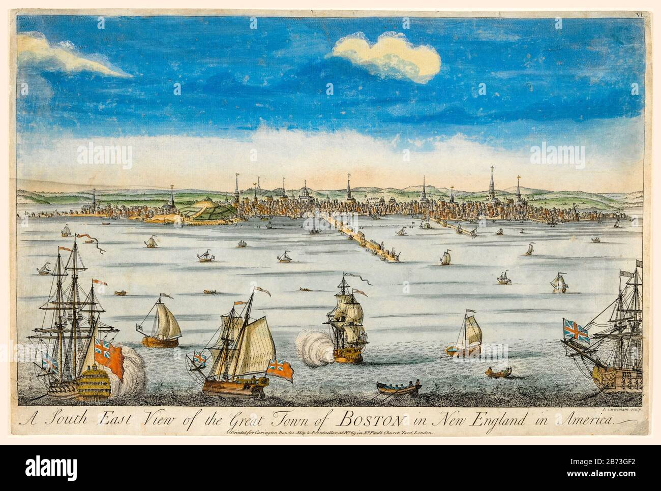 South East View of Boston, New England, America, from the ocean, 18th Century illustration by John Carwitham after William Burgis, 1731-1736 Stock Photo