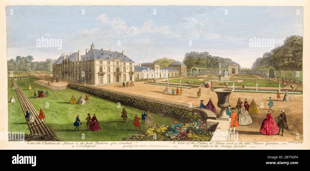 The Château de Sceaux and little Flower Garden that leads to the Orangery, 18th Century illustration by John Tinney, before 1761 Stock Photo