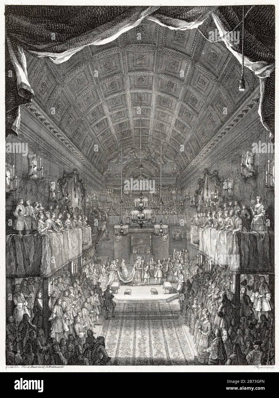 The wedding of William IV, Prince of Orange, with Anne, Princess Royal of England in the Chapel Royal of St James's Palace, London, March 25th 1734, 18th Century illustration by Jacques Rigaud, after William Kent, 1734 Stock Photo