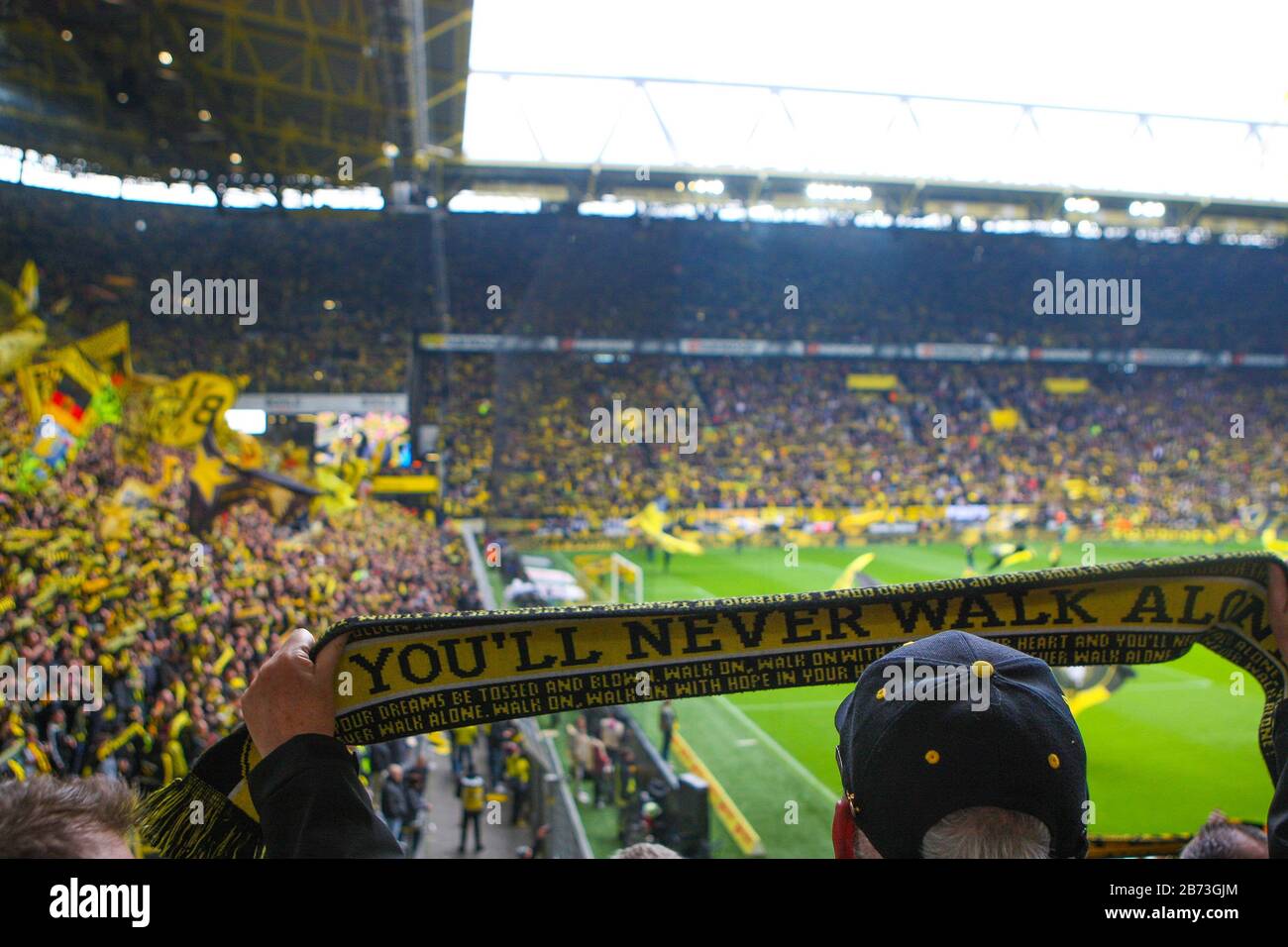 Dortmund, Deutschland. 27th Apr, 2019. Ghost game at the derby between BVB Borussia Dortmund - FC Schalke on March 14th, 2020 Because of the Corona Virus the game will take place without a spectator in the Signal Iduna Park, Borussia Dortmund - FC Schalke 04, Sudtribune Suedtribuene, fans, scarves, scarf, flags, deposit, feature, general, | usage worldwide Credit: dpa/Alamy Live News Stock Photo