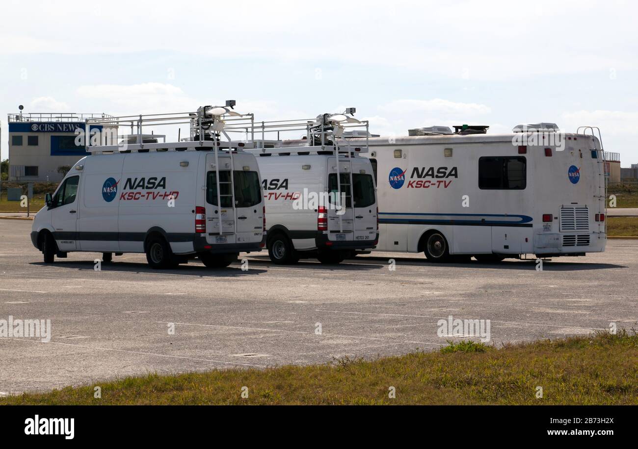 NASA TV outside broadcast units parked at the Kennedy Space Centre Stock Photo
