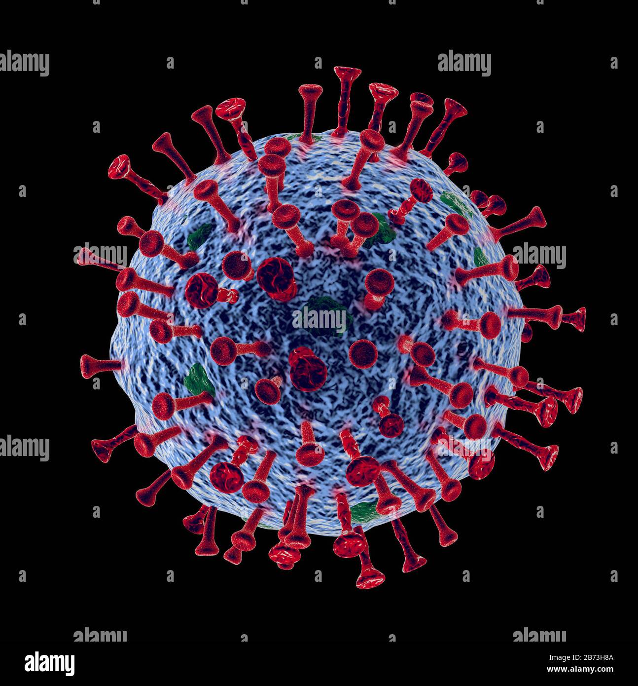 Illustration of a virus pathogen, blue with red antennae black background Stock Photo