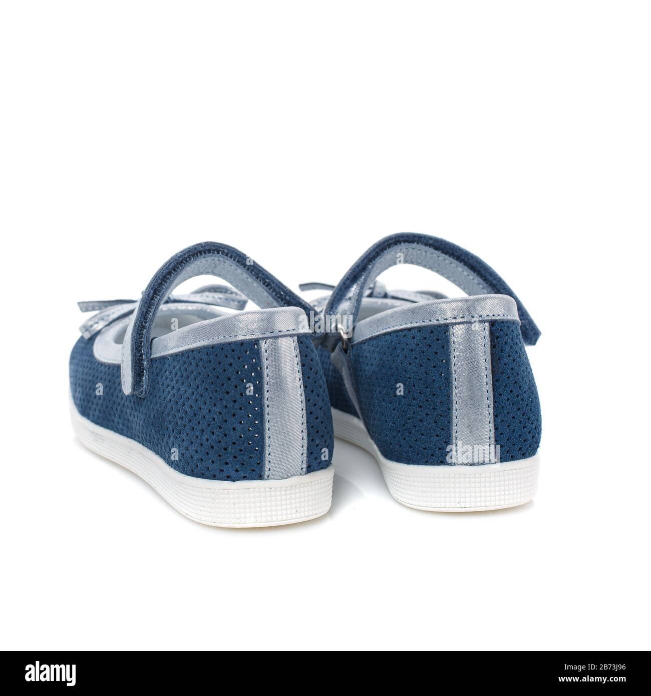Children's blue shoes for girls with silver inserts and a silver bow