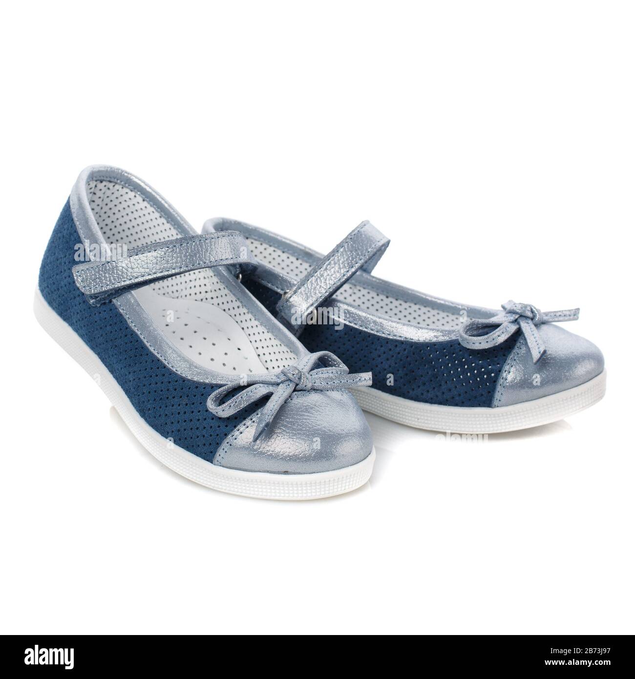 Children's blue shoes for girls with silver inserts and a silver bow