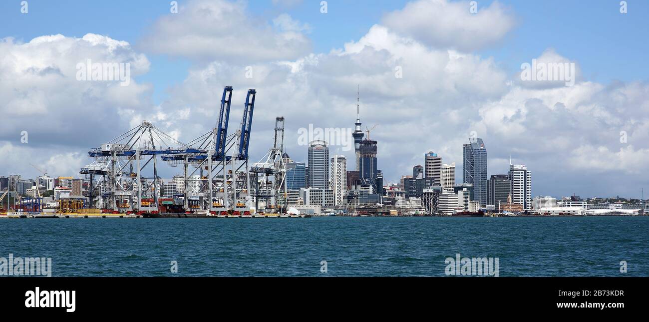 Auckland city centre showing waterside construction projects, viewed across the bay from Devonport. Stock Photo
