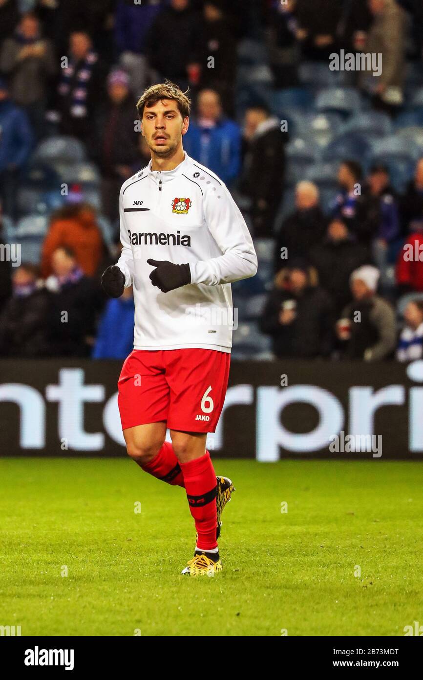 Aleksandar Dragovic, a central defender currently playing with the German Bundesliga team Bayer 04 Leverkusen training at Ibrox before a EUFA comp. Stock Photo
