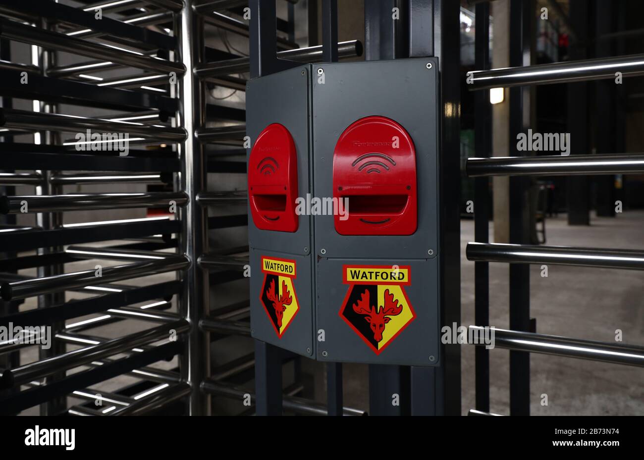 A view of turnstiles at Vicarage Road, home of Watford FC after the Premier League has been suspended until April 4, the Football Association has announced. Stock Photo