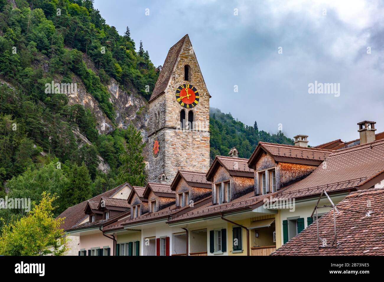 Church in Old City of Unterseen Interlaken, important tourist center in the Bernese Highlands, Switzerland Stock Photo