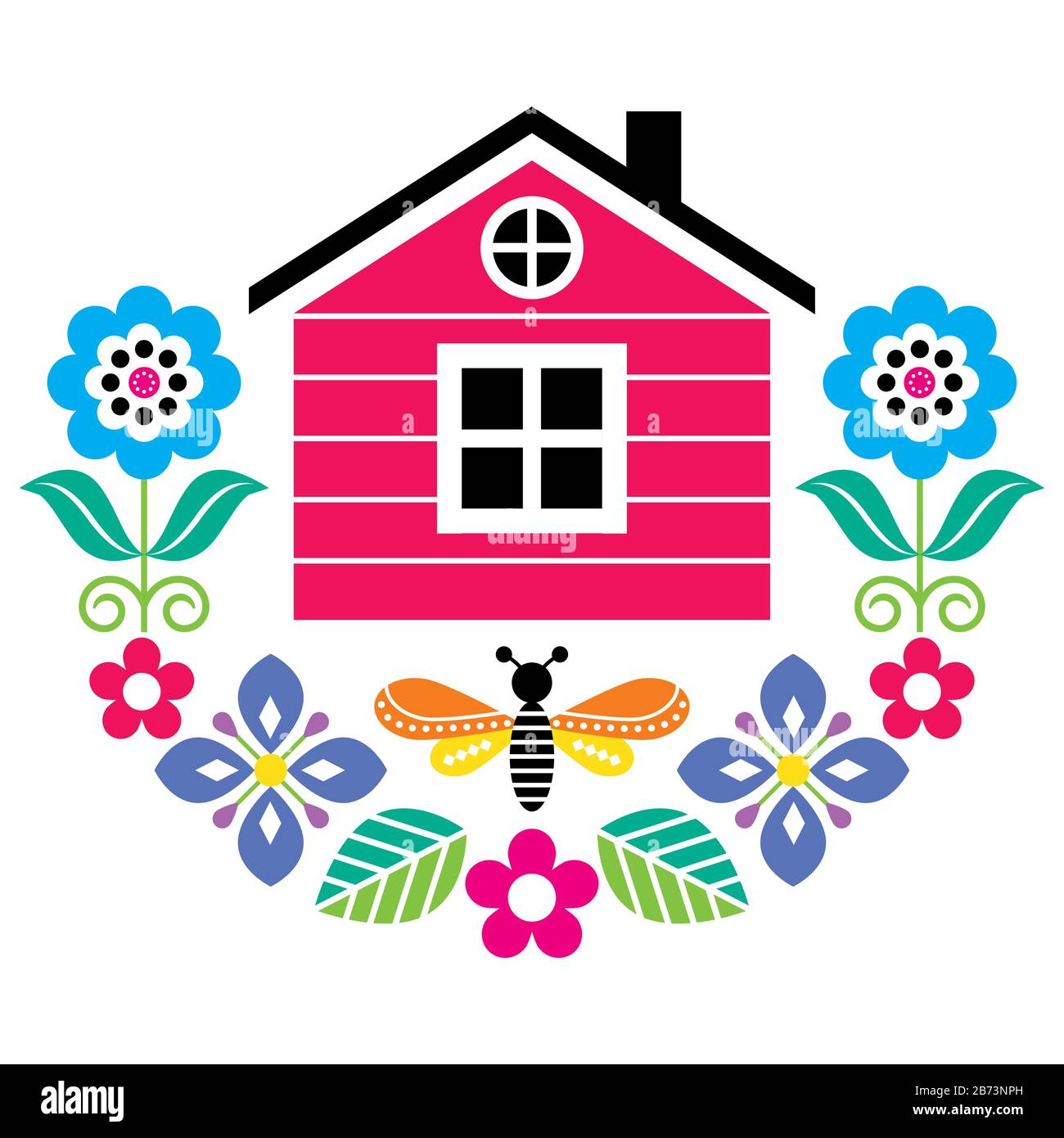 Scandinavian folk art vector cute floral pattern with Finnish or Norwegian house, greeting card with flowers in red, pink, green, and blue Stock Vector