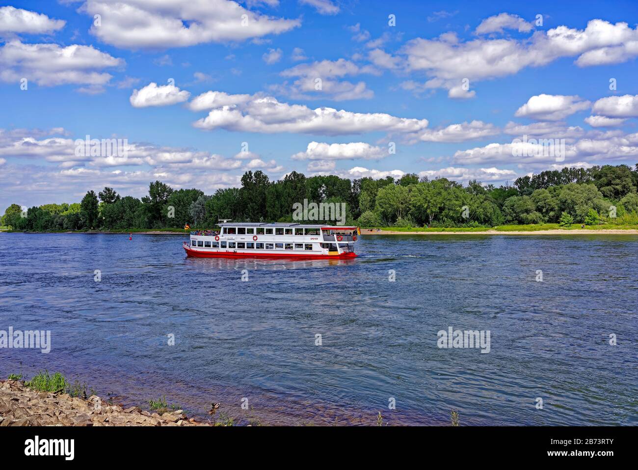 Germany, Rhineland-Palatinate, Speyer, Rhine avenue, SchUM town, river, the Rhine, round trip ship, plants, trees, people, people, place of interest, Stock Photo