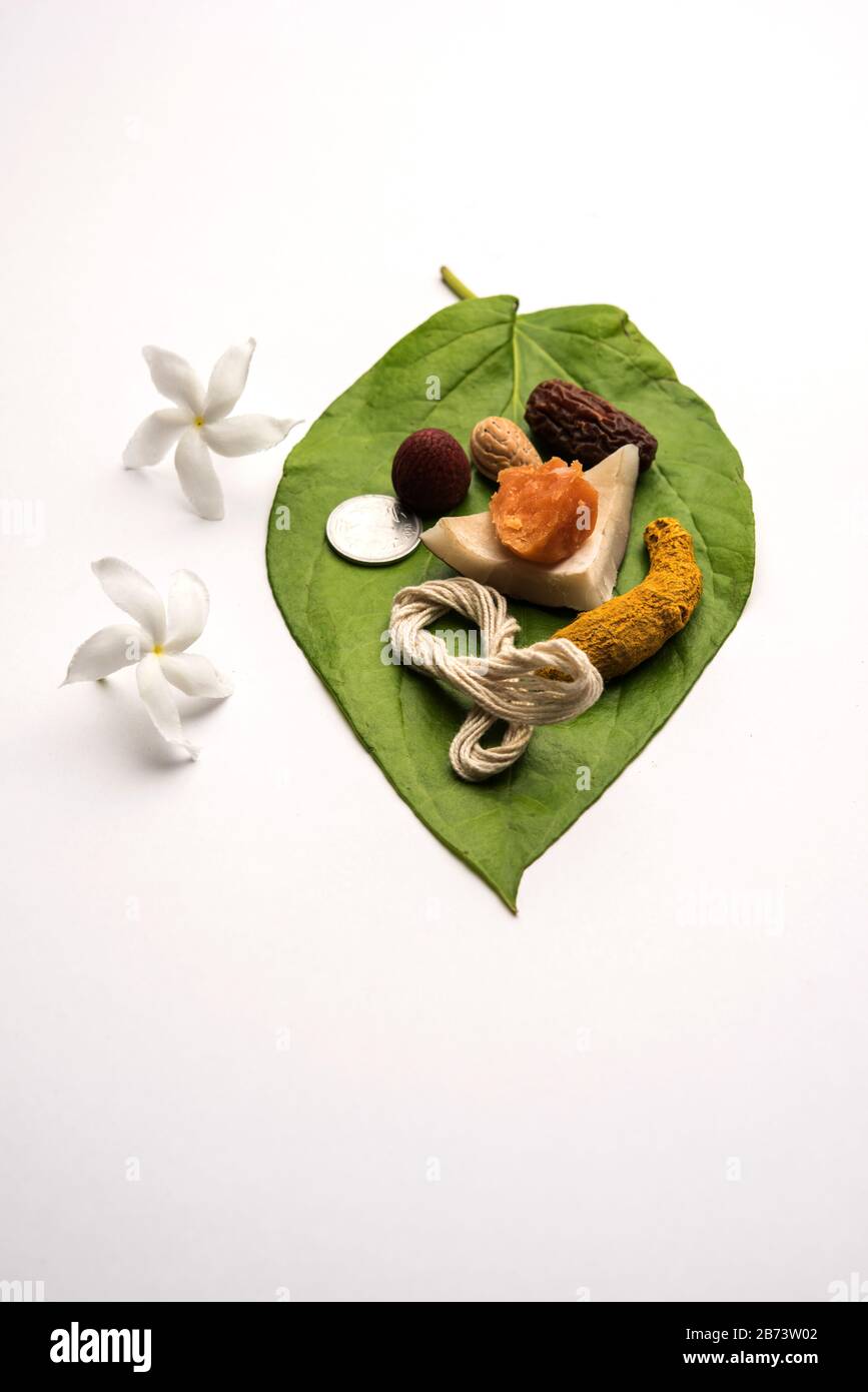 Hindu Puja With Betel Leaf Supari Janeu Almond Dates Turmeric