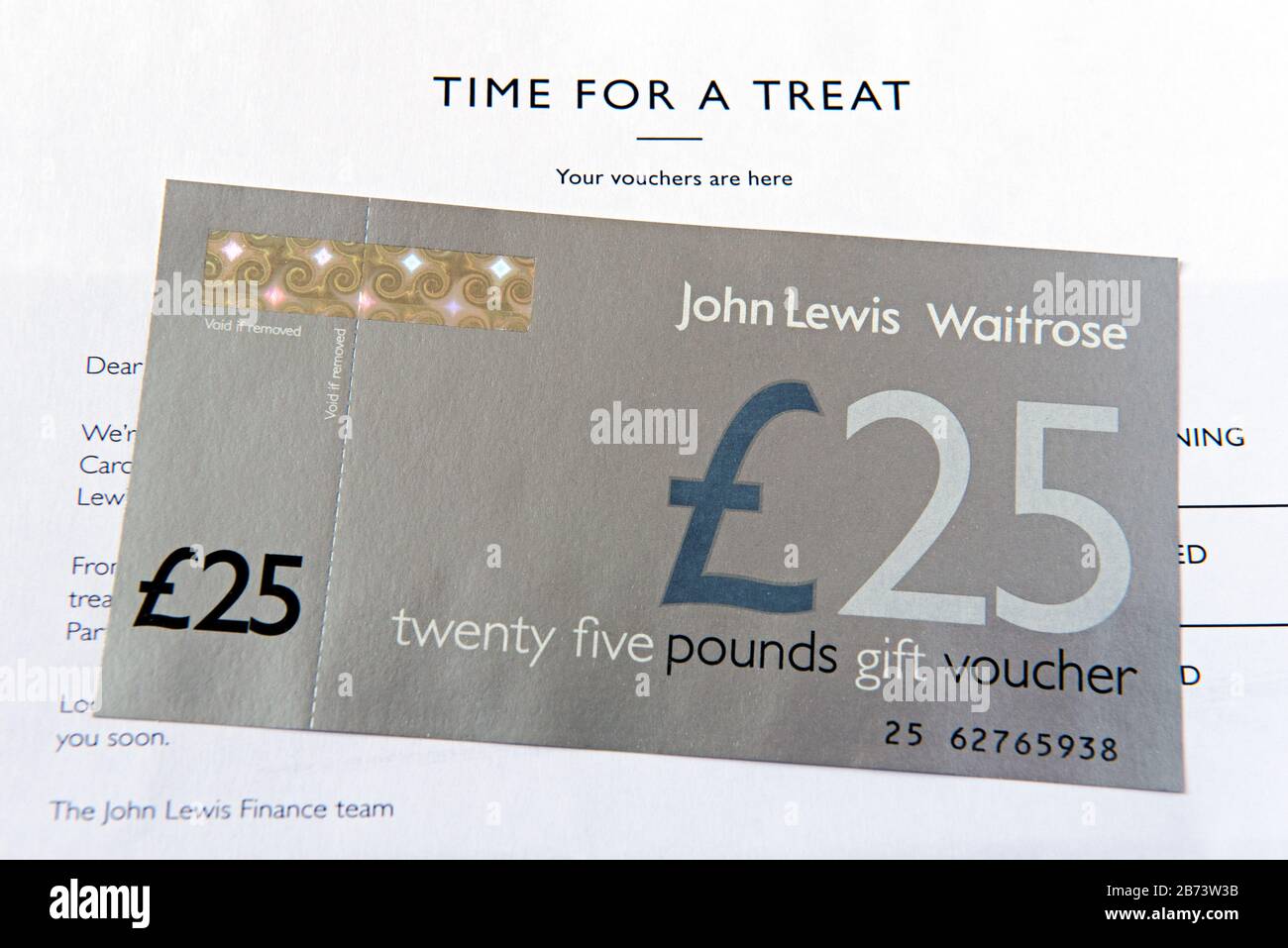 John Lewis Waitrose and Partners gift voucher to the value of £25.00 a perk for using the John Lewis credit card. Stock Photo