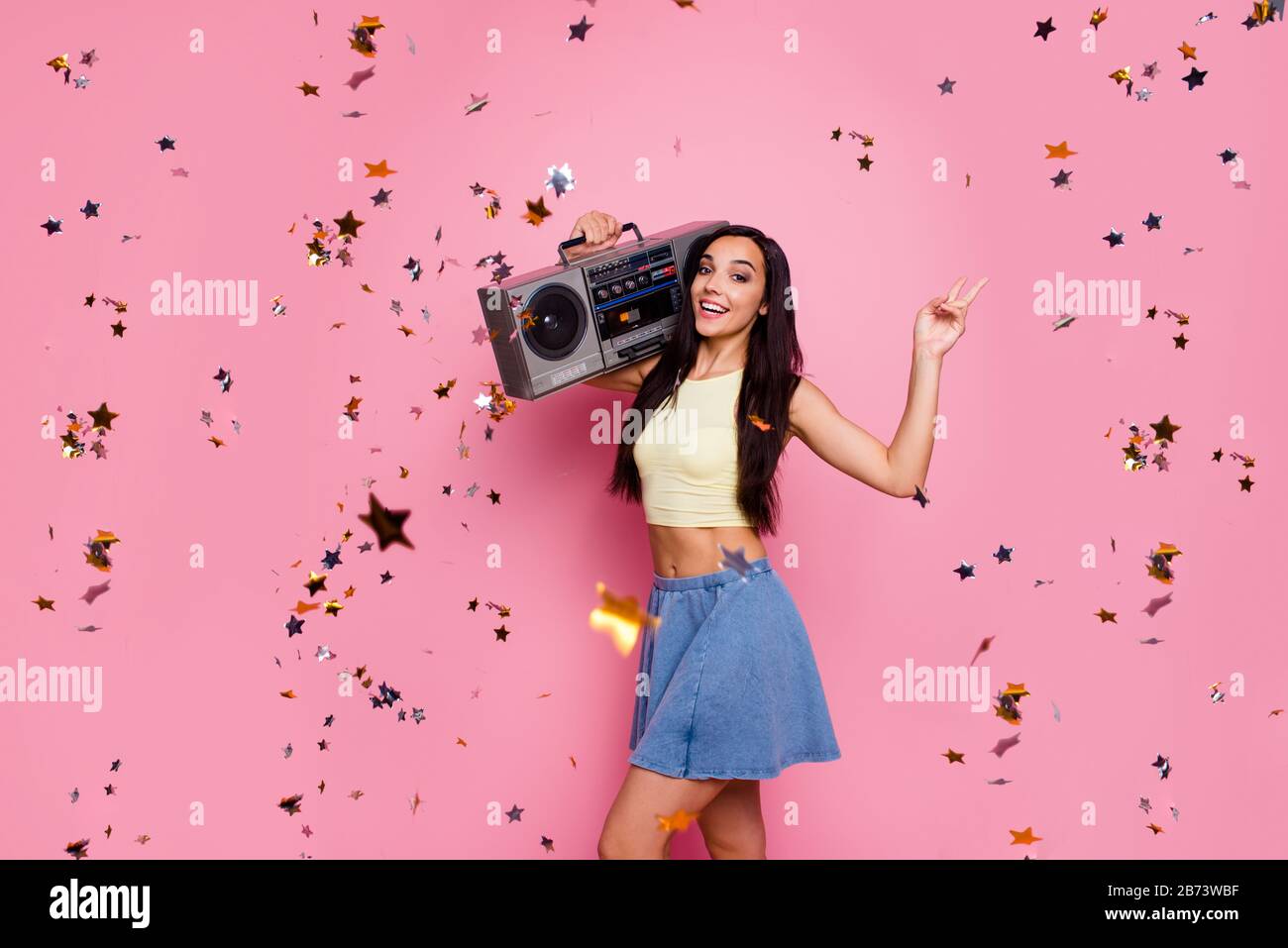 Portrait of her she nice-looking lovely adorable sweet slim fit thin attractive cheerful cheery carefree girl having fun showing v-sign isolated over Stock Photo