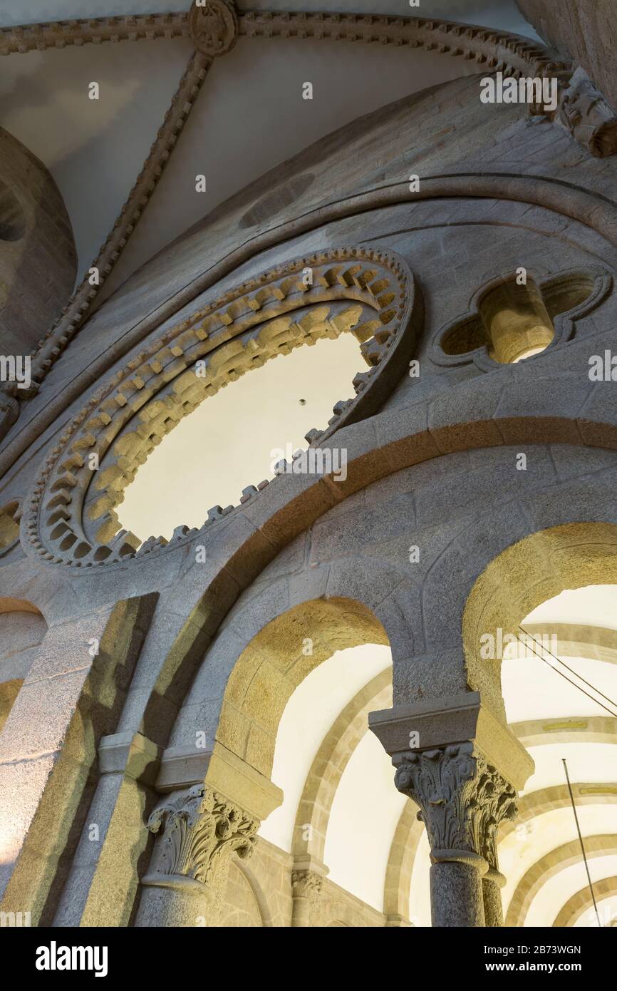 An oculus overlooks the central nave of the Cathedral of Santiago de Compostela in Galicia, Spain. The city is the terminus of the Way of St. James, t Stock Photo