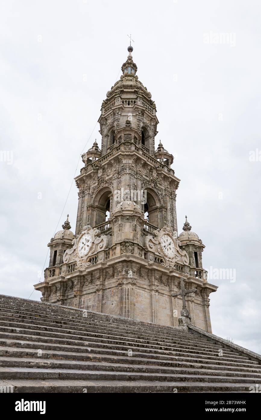 The Torre da Berenguela clock tower from the rooftop of the Cathedral of Santiago de Compostela in Galicia, Spain. The city is the terminus of the Way Stock Photo