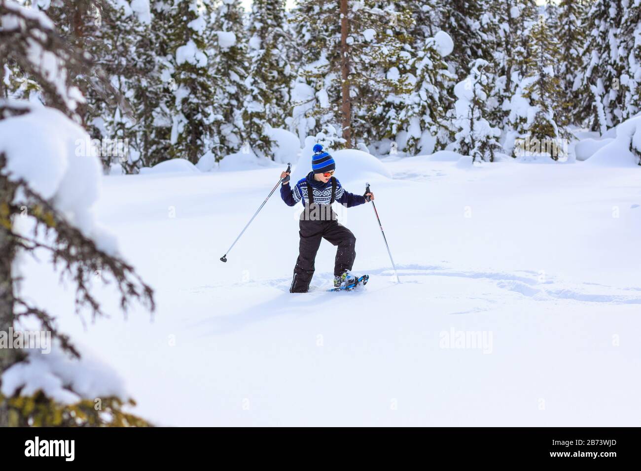 Young boy stepping through deep snow with cross country skis, exploring
