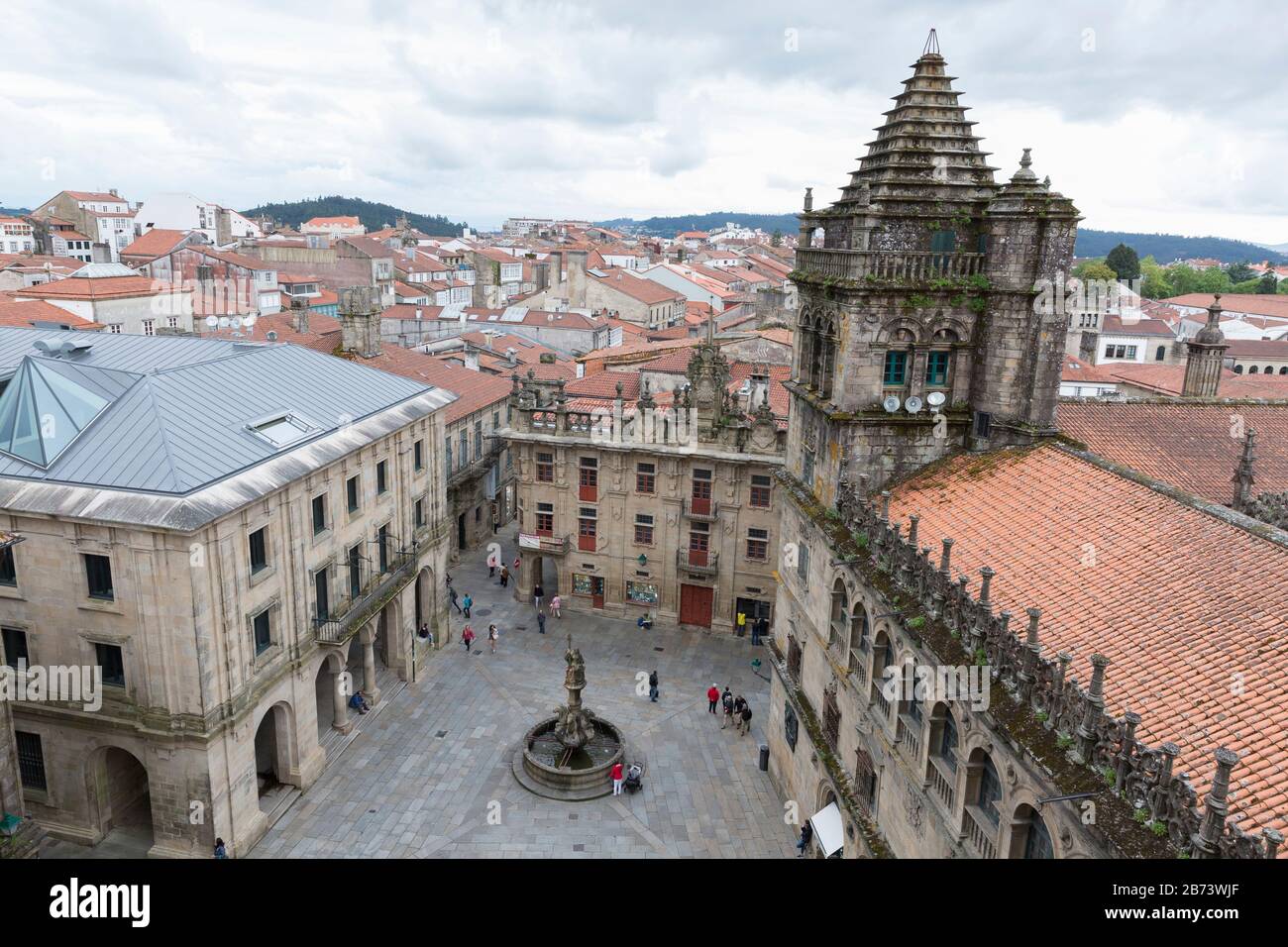 Aerial view of the Praza das Praterías from the Cathedral of Santiago de Compostela in Galicia, Spain. The city is the terminus of the Way of St. Jame Stock Photo