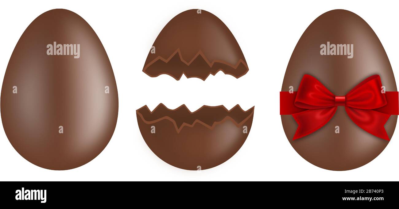 Chocolate easter eggs on white background. Whole egg, broken egg and egg with red bow. Stock Vector