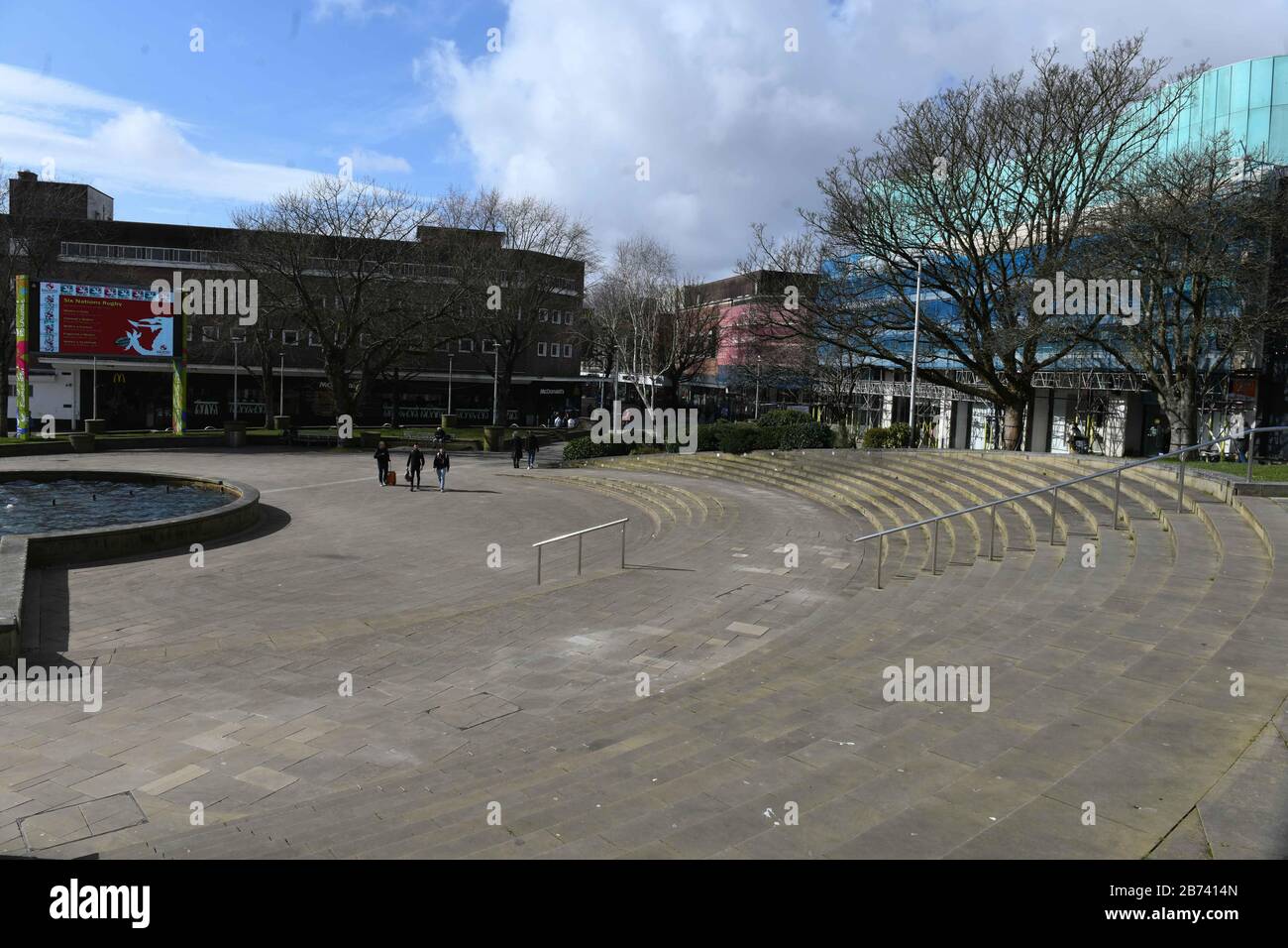 Swansea, Wales, UK. 13th March 2020. Normally busy streets in Swansea, south Wales, deserted at lunchtime on a sunny day as people stay away due to Coronavirus fears as it takes a grip of everyday life across the UK. Credit : Robert Melen/Alamy Live News. Stock Photo