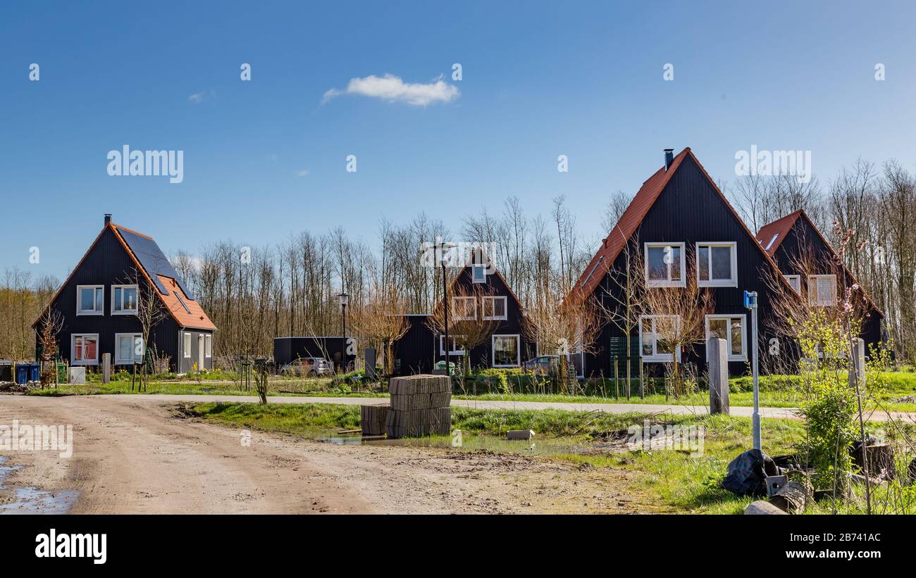 Almere, Netherlands,March 12, 2020 Eco friendly modern wooden houses