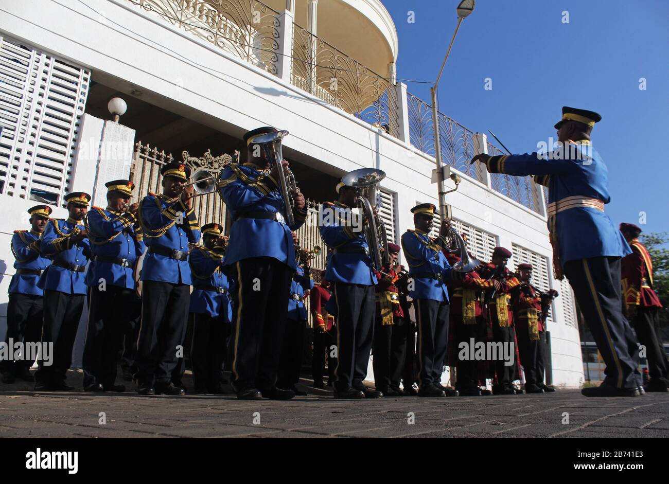 The members of the Indian Central Reserve Police Force (CRPF) band perform during the celebration in Mumbai.The Central Reserve Police Force, Western Sector, Navi Mumbai organized a ‘Malkham’ sport show and its ‘CRPF Band’ display at Bandstand in Bandra as a celebration of 81st CRPF Anniversary 2020. Stock Photo