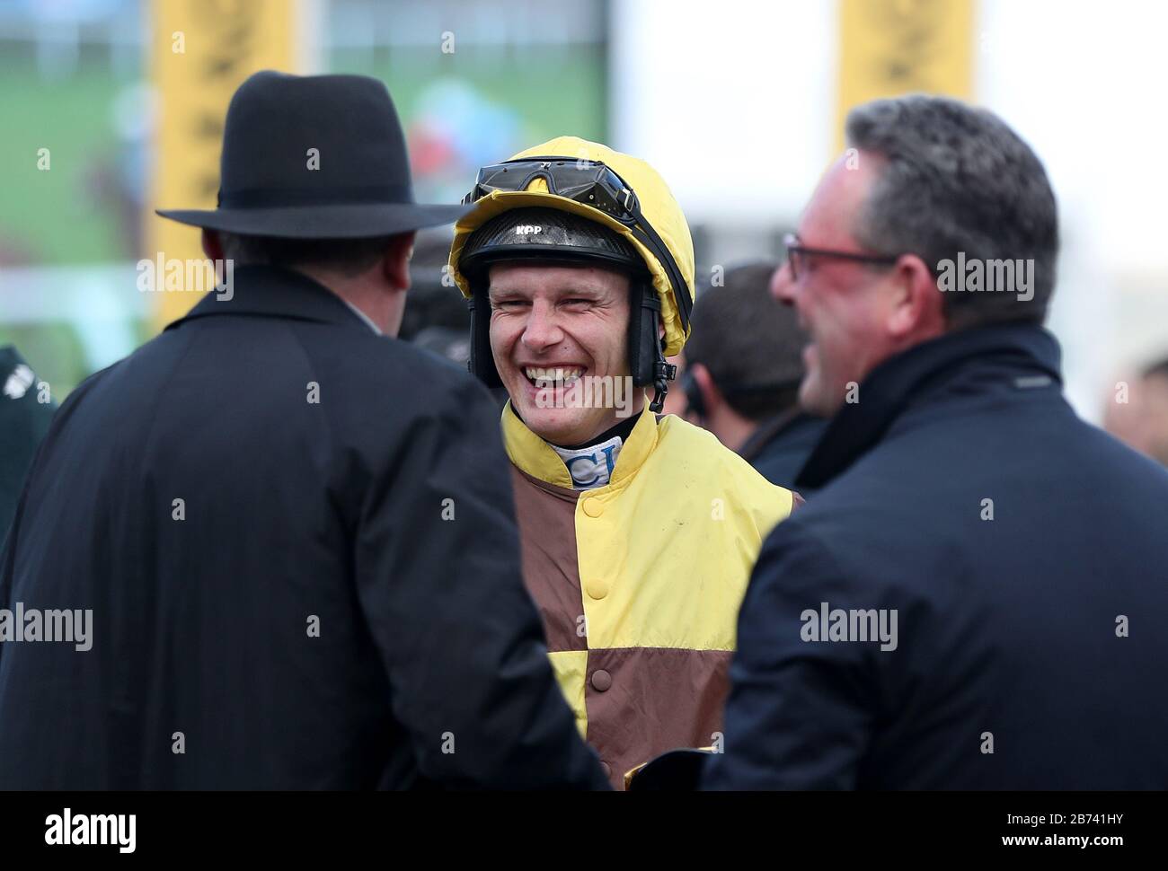 Paul Townend celebrates after Burning Victory won the JCB Triumph Hurdle during day four of the Cheltenham Festival at Cheltenham Racecourse. Stock Photo