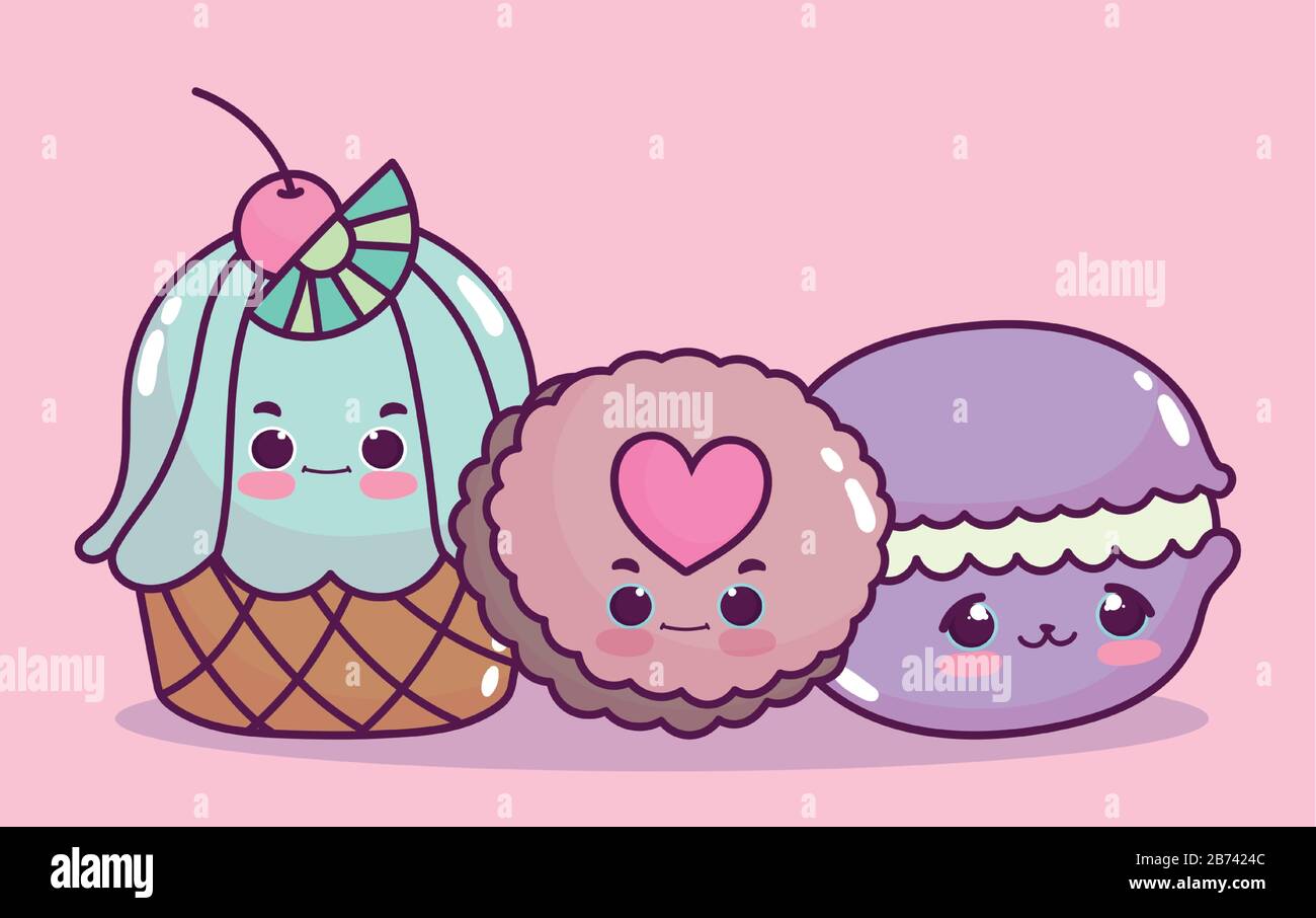 cute food cupcake cookie and macaroon sweet dessert pastry cartoon ...