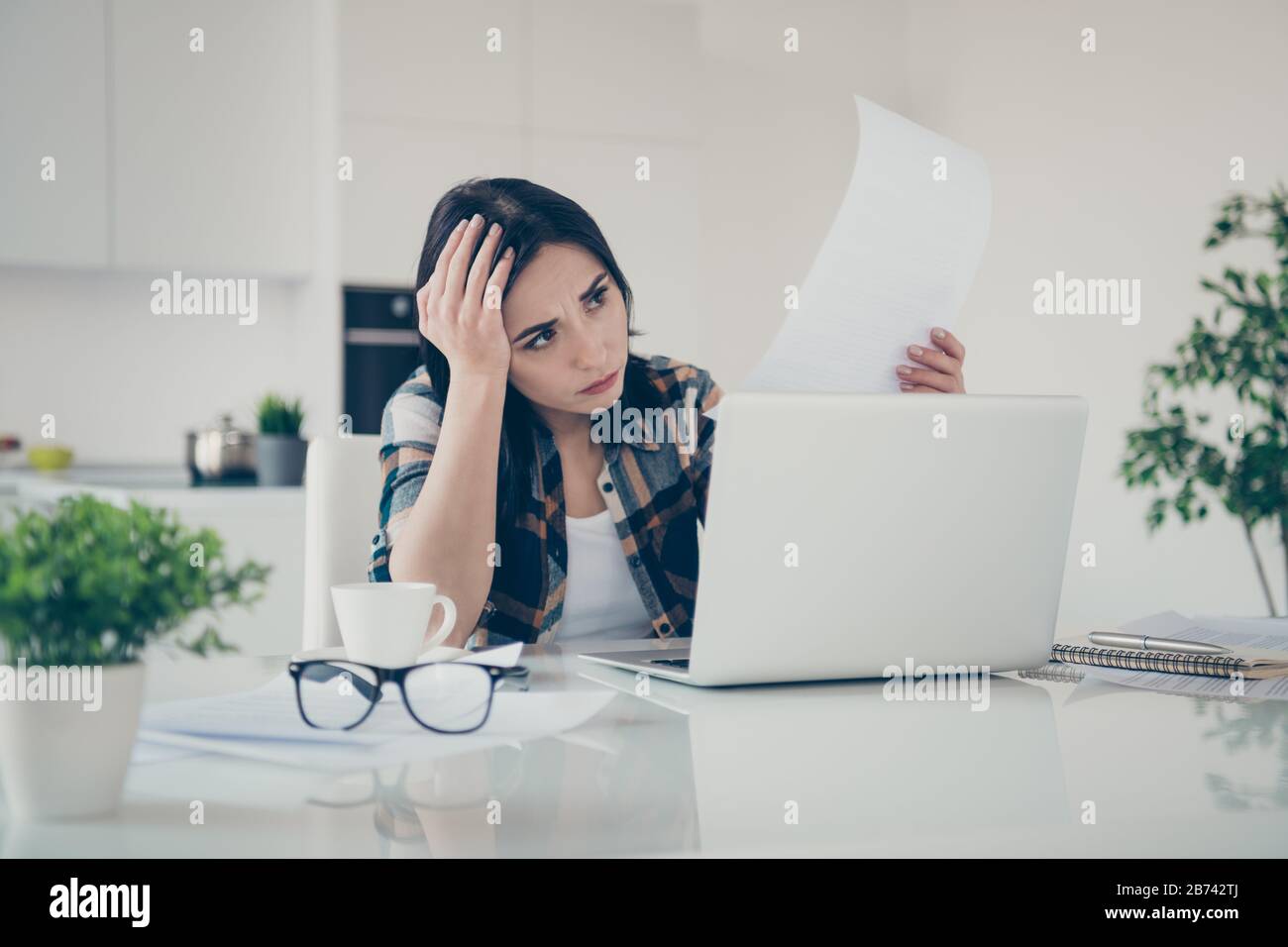 Portrait of beautiful disappointed lady have despair panic stare data ...