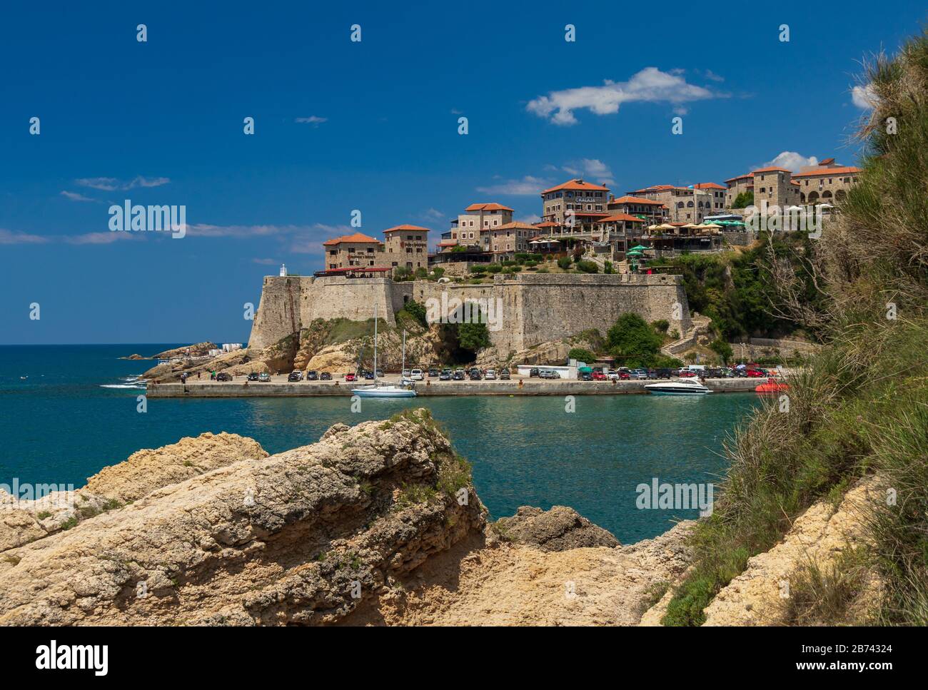 Rocks and view of Ulcinj old town Stock Photo