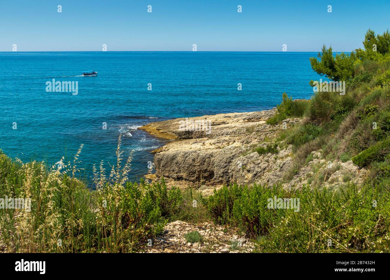 View from coastal path Rruga e Pishave or the Pine road over Adriatic Sea at Ulcinl, Montenegro Stock Photo