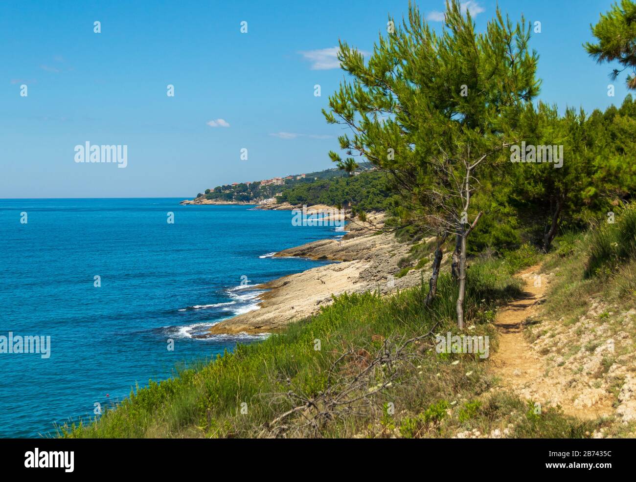 Coastal path Rruga e Pishave or the Pine road along Adriatic coast at Ulcinl, Montenegro Stock Photo