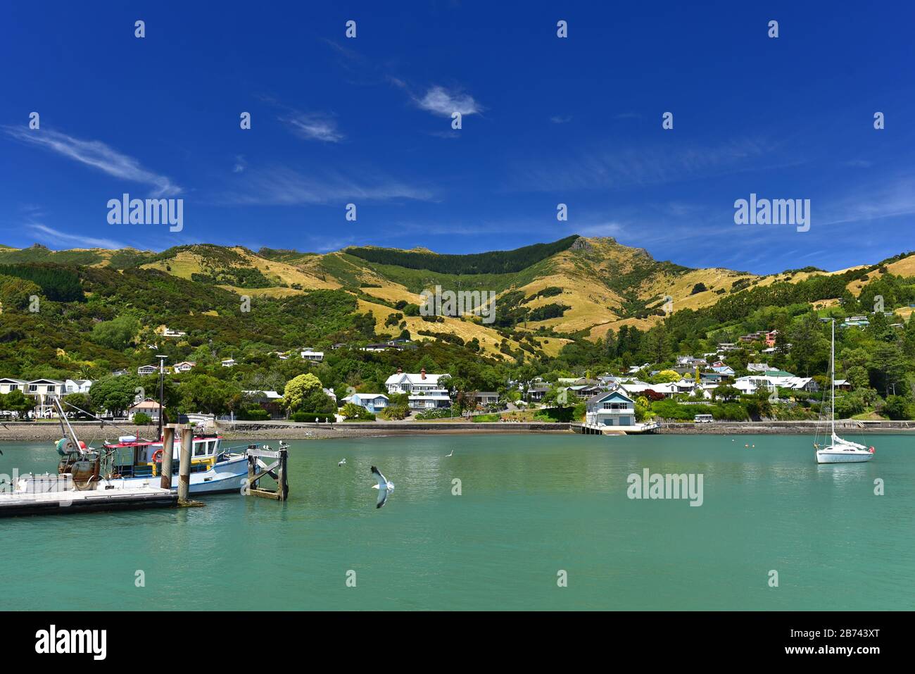 Harbour of Akaroa, a small town in the Canterbury region, South Island, New Zealand Stock Photo