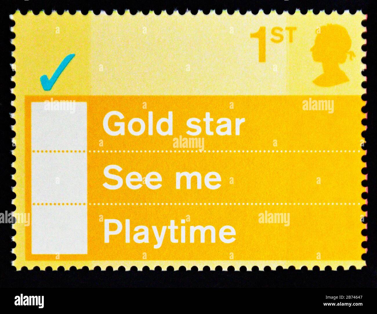 Postage stamp. Great Britain. Queen Elizabeth II. 'Occasions' Greetings Stamps. 'Gold star', 'See me', 'Playtime'. 1st. 2003. Stock Photo