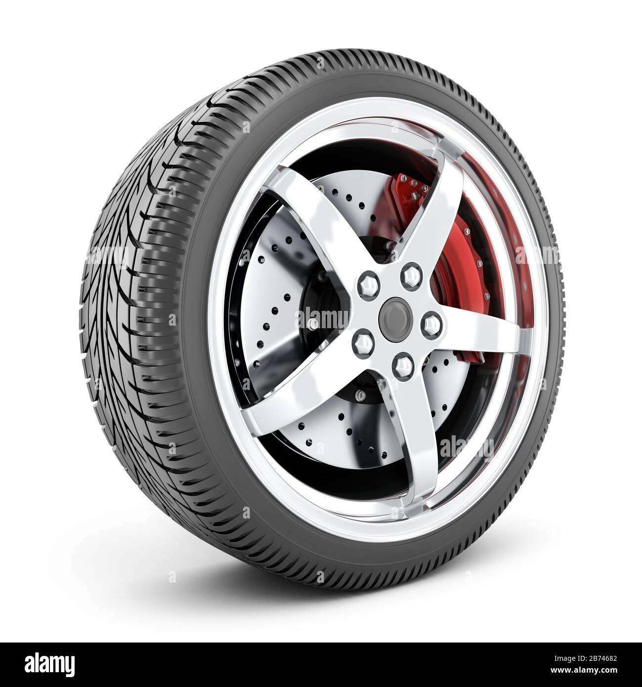 One car wheel on a white isolated background. 3d illustration Stock Photo