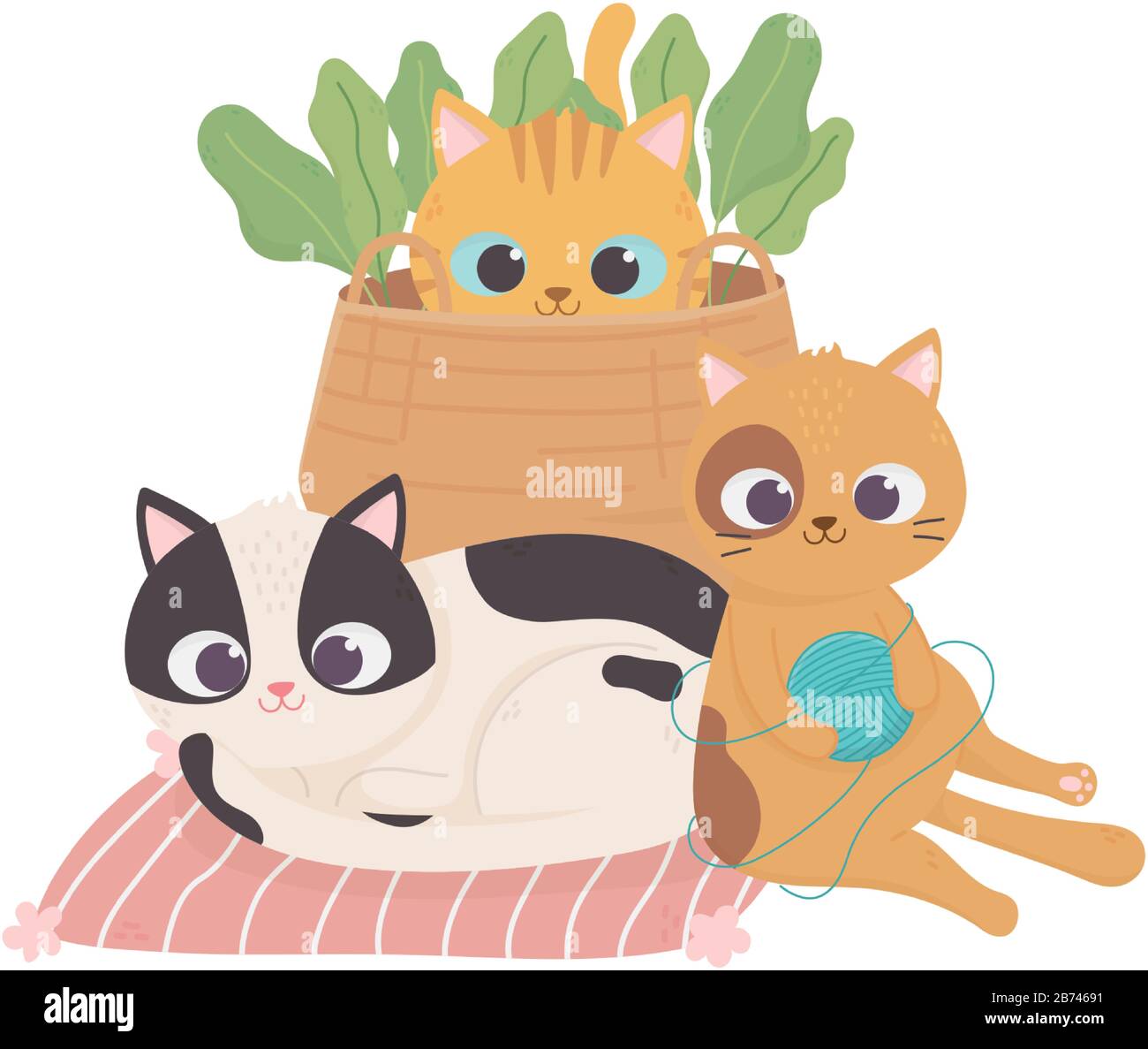 cats make me happy, cute cats with basket wool ball and different breeds vector illustration Stock Vector