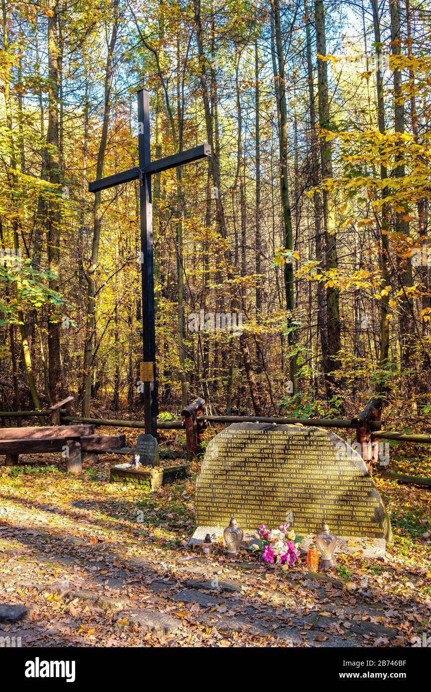 Warsaw, Mazovia / Poland - 2019/10/20: Aircraft flight 5055 crash memorial at the site of actual airplane crash of May 9, 1987 in Las Kabacki Forest Stock Photo