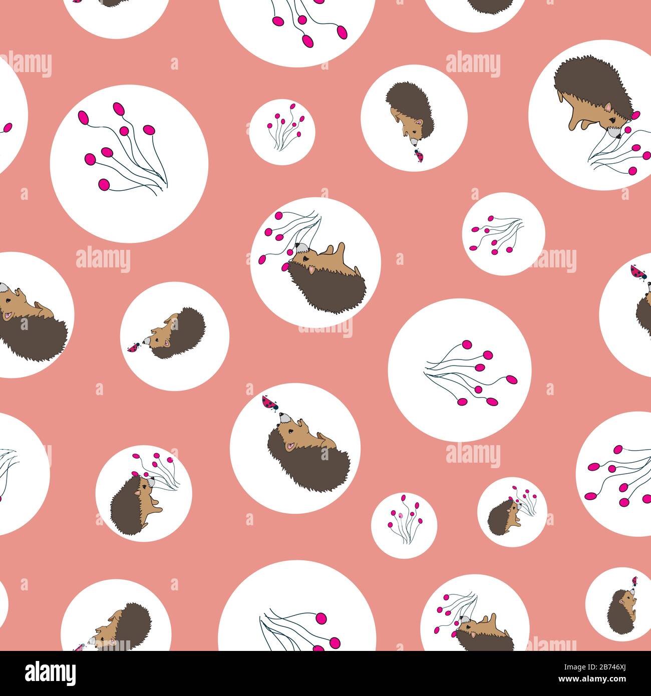Hedgehog exploring plants and ladybugs in circles seamless vector pattern surface design Stock Vector