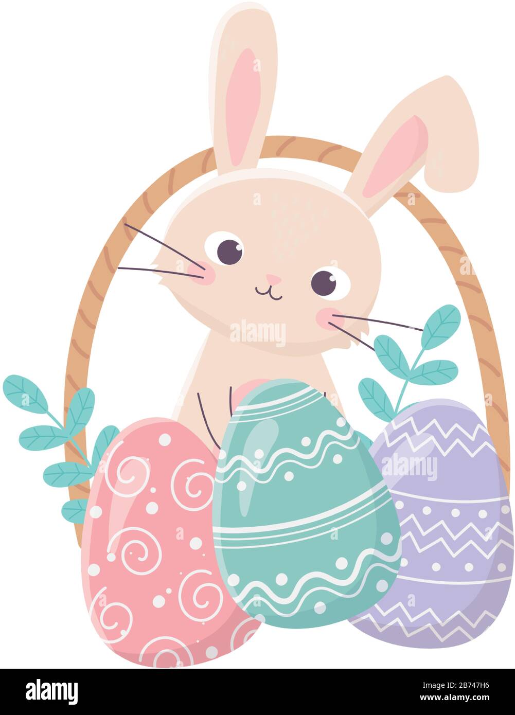 happy easter cute rabbit basket with eggs leaves vector illustration ...